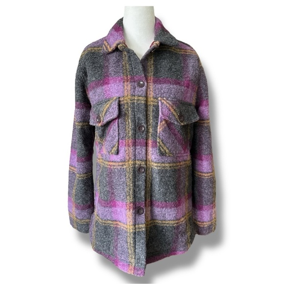 Peak Performance Plaid Gray, Pink, Purple Kelly Shirt Jacket Wool Shacket - Picture 1 of 16